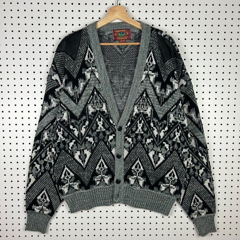 Chartwell Black Gray Cardigan Knit‎ Sweater Large Grandpa 90s Cosby Hip Hop Art